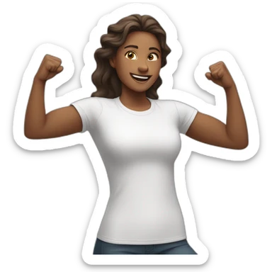 woman in white t-shirt with both fists stretched high in victory sticker