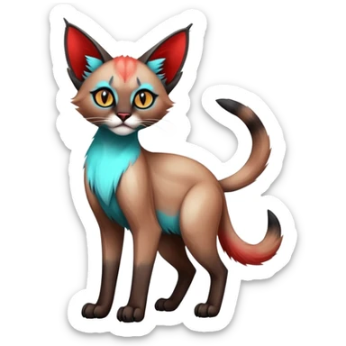 Gothic exotic Red and cyan and black and white and edgy and cute shiny Fantasy-Siamese-Bobcat-Caracal-Lykoi-feline-Fakémon-feline-hybrid (full body) sticker