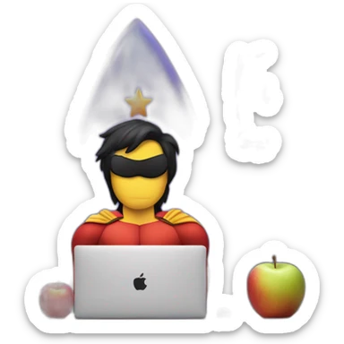 superhero with a rocket emblem sitting in front of his MacBook also with a rocket instead of an apple as the logo sticker