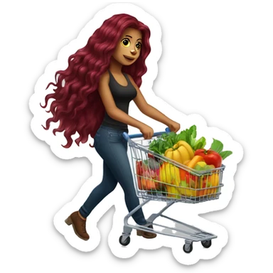 Beautiful tattooed burgundy long haired woman pushing shopping cart sticker