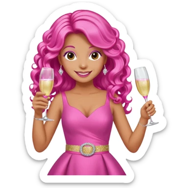 One lady with long hot pink curled hair and tan skin wearing a pink dress with sparkly belt holding a glass of pink champagne in each hand smiling cheerfully  sticker