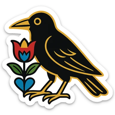 Create a simple Scandinavian folk art style black crow with a gold outline around the crow. The crow is holding a large bright folk-colored tulip flower motif in its talons. The tulip motif is outlined in black and matches the style and colors of the heart reference images provided. The overall design should be simple, bold, and clear, matching the heart's illustrative style. Use a transparent background. sticker