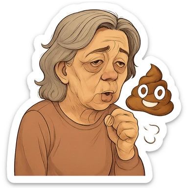 Add a poop emoji next to the 60 year old woman with bags under her eyes who is coughing. Keep the background transparent. The style should match the original image's look and feel. sticker