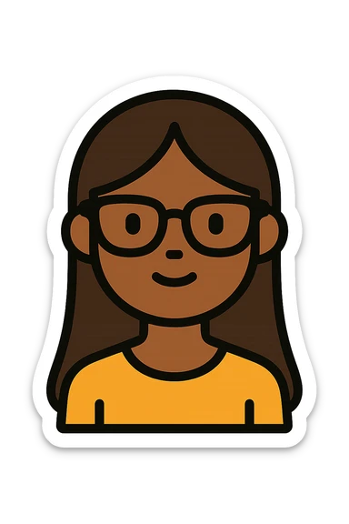 young brown girl with long dark brown hair, dark brown eyes, wearing black squared cat eye glasses sticker
