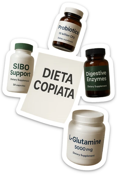 FOGLIO DI CARTA FLUTTUA IN ARIA CON LA SCRITTA "DIETA COPIATA", INSIEME A BARATTOLI DI INTEGRATORI PER CURARE IL SIBO IN ITALIANO, IPERREALISTICO 4K, NON DISEGNATO sticker