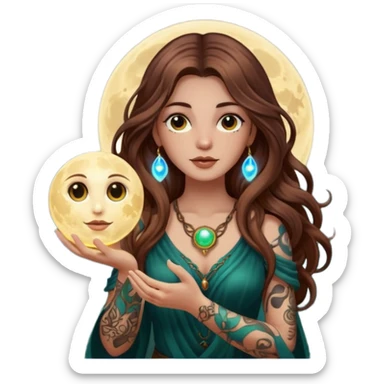 forest mystic woman long wavy brown hair tattoos holding glowing moon orb sticker
