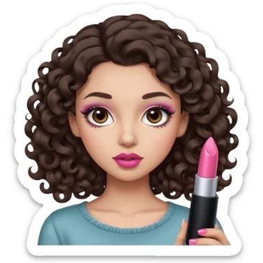 A dark brown hair little curl hair like 6 mm. roll looks so beautiful, she has an round and almond eyes with long and curl eyelashes in Douyin style, one of her hand carrying a lipstick looks similar to Rhode pink lip, her make up is cool tone and neutral style   sticker