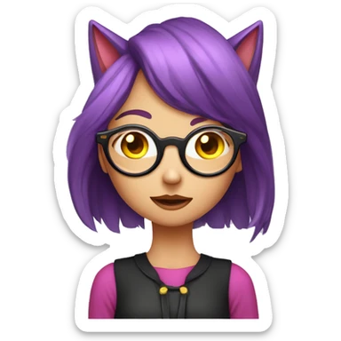 A long purple haired girl with purple fox ears and yellow eyes wearing circular glasses a black collar and pink clothes blushing drooling sweating sticker