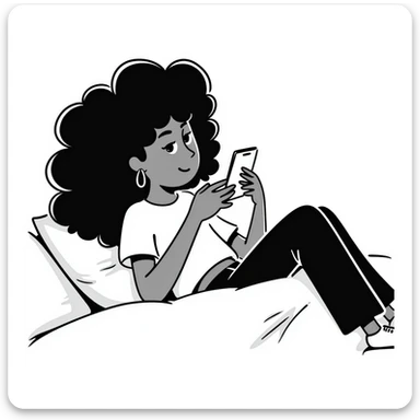 Brown-skinned teenage girl with curly black hair lying on bed looking at cellphone, heavy makeup, big lips, tight crop top, hoop earrings, choni style urban clothing sticker