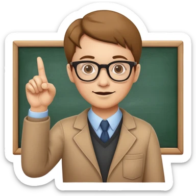Teacher with glasses pointing at a chalkboard sticker