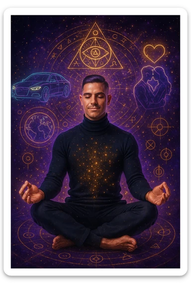 "Un uomo in meditazione fluttuante nello spazio cosmico, circondato da particelle dorate e simboli alchemici. Intorno a lui, oggetti e situazioni dei suoi desideri (auto, viaggi, amore) si materializzano come ologrammi luminosi. Stile cyber-mistico, colori viola e oro." sticker