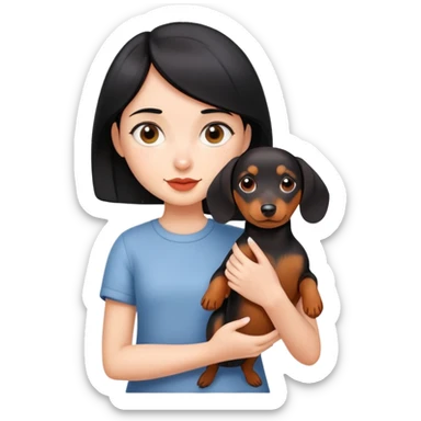 short black haired girl holding a daschund sticker
