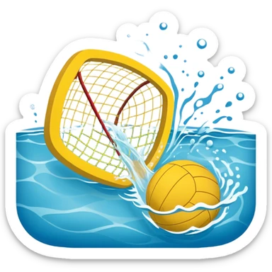 An icon featuring a yellow water polo ball floating on the water with goals in the background, inside a swimming pool. The design includes splashes and ripples, symbolizing the fast-paced action and strategy of water polo. Transparent background highlights. sticker