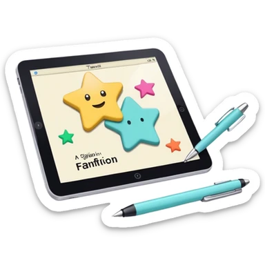 Create an emoji representing fanfiction writing. The design should feature an open notebook or digital device with visible text, symbolizing the creative process of writing fanfiction. Include elements like a pencil or pen nearby, and optionally, add a subtle reference to popular fictional characters or universes (like a small star, heart, or magical item) to indicate the fan aspect. Use a playful, imaginative color palette, blending vibrant tones with soft neutrals. Do not include any emojis or smiley faces. Make the background transparent. sticker
