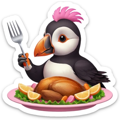 pink puffin that is pink-colored eating roast dinner sticker