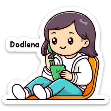 A cartoon-style sticker of a girl sitting in a phone with the text "Доделаем завтра." Use the provided photo as a reference for the character. Add a white outline to the sticker. Style the text to match the cartoon style. sticker