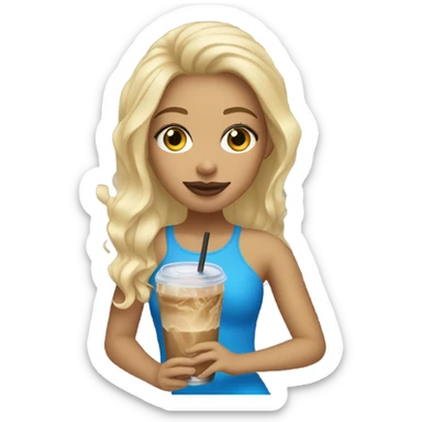 Light skin girl with blonde hair and blue eyes drinking a iced coffee sticker