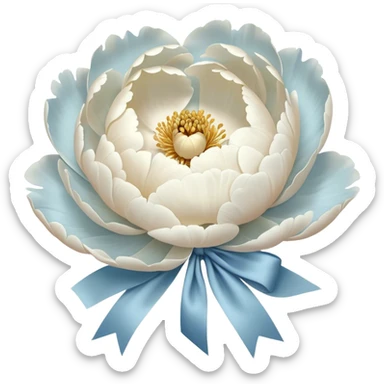 A single oversized peony in the softest shade of ivory sits in the center of a pearl-white canvas, its velvety petals unfolding like a quiet whisper. Wrapped around its stem is a wide, silk bow in a misty blue hue, its fabric pooling slightly onto the surface. The background’s subtle texture reflects light in a way that enhances the depth of the petals, creating an ethereal, almost weightless atmosphere. sticker