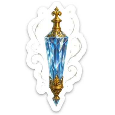 premium class crystal elixir bottle in baton shape, lots of shining, edges, ornaments, golden details, magical effects, very small golden neck, transparent background, beautiful seamless bottom, bottle clearly floating in air, no base or shadow, very luxurious, playful, matching the collection sticker