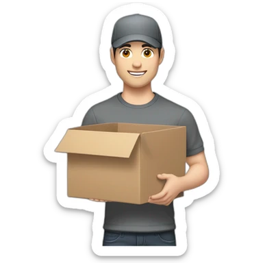 Pale skinned fit Man with black hair in a gray cap and dark gray polo T-shirt keeping a packed box into his hands sticker