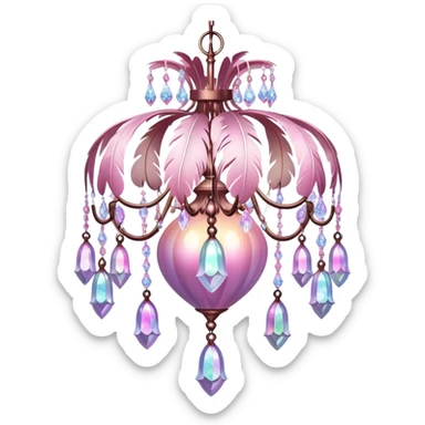 PInk iridescent Bell with chained hanging crystals with feathers CHANDELIER sticker