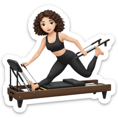 brunette,curly hair shoulder length,turkish,beautiful,with some eyelined eyes, 3b girl doing reformer pilates with black pilates cutesy set,on reformer machine,making different moves.just one person sticker