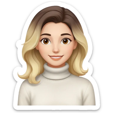 Mujer joven caucasian, cara alargada, cejas suaves, pelo marron oscuro ondulado con puntas rubias, raya al lado. Sonrisa amplia, expresión alegre. Turtle neck white sweater cozy with tea. Ombre hair.  sticker