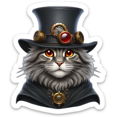 a dark grey tabby maine coon with red eyes wearing a black steampunk hat and a grey hunter cloak sticker