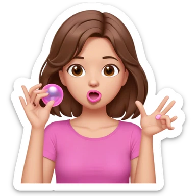 A digital illustration of a cartoon-style woman with shoulder-length brown hair, wearing a pink shirt. She is blowing a pink bubble gum bubble while playfully twirling a strand of her hair with her fingers. Her facial expression is relaxed and carefree. The background is plain white *3d emoji* sticker