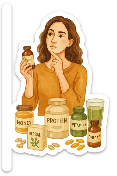 Donna che sta scegliendo integrazione per il suo benessere in italiano sticker
