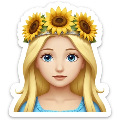 portrait woman long blonde hair blue eyes white skin wearing sunflower halo crown sticker