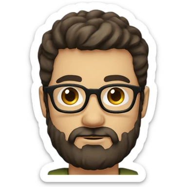 round-faced white man with a full dark brown beard, side parted dark brown hair, square glasses, olive coloured eyes sticker