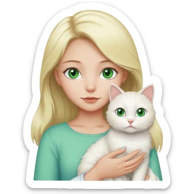 Blonde girl with green eyes holding a white cat with blue and green eyes sticker