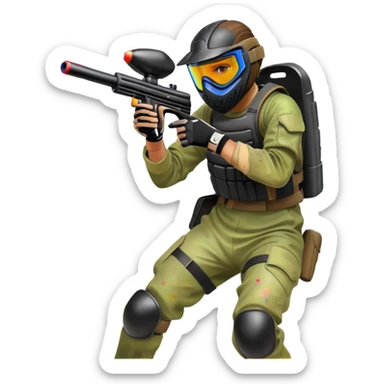 A dynamic scene of a player in action, holding a paintball gun and wearing protective gear. The background shows a vibrant paintball field with obstacles, colorful splatters of paint in the air, and an intense, competitive atmosphere. sticker