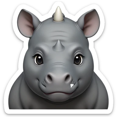 cinematic-noble-cute-young rhino-portrait-emoji,slate-grey-hide-poised-and-regal,-with-a-massive,-powerful-build-and-a-thick,--deep-set-soulful-piercing-eyes,-simplified-yet-sharp-and-sophisticated-features,-highly-detailed,-large-black-eyes, white horn, front facing, zoomed out showing shoulders sticker