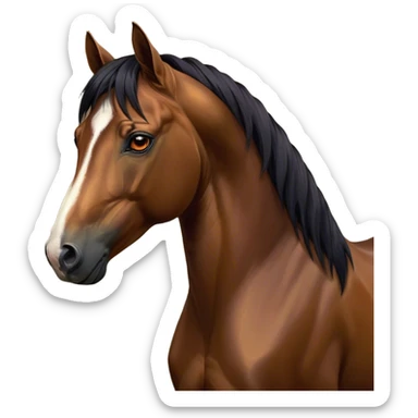 Cinematic Noble Bay Horse Portrait Emoji, Poised and regal, with a strong, athletic build and a rich, well-groomed bay fur accented by a dark mane and tail, deep-set soulful amber eyes, Simplified yet sharp and sophisticated features, highly detailed, glowing with a warm, dignified glow, high shine, intelligent and majestic, stylized with an air of equine elegance, focused and attentive, soft glowing outline, capturing the essence of a watchful and confident steed, so majestic it feels as though it could gallop out of the screen with effortless authority! sticker