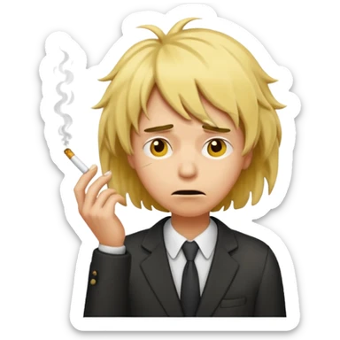 stressed classic yellow emoji looking down shaking head wearing a disheveled wig with a cigarette in hand sticker