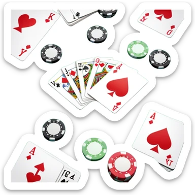 A photorealistic icon featuring playing cards and a stack of poker chips on a green felt table. Bright, detailed design with realistic textures and lighting. Transparent background, clearly symbolizing card games and strategy. sticker