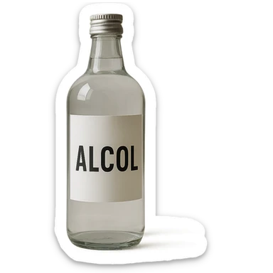 photo realistic transparent bottle with label reading 'alcol' in Italian sticker