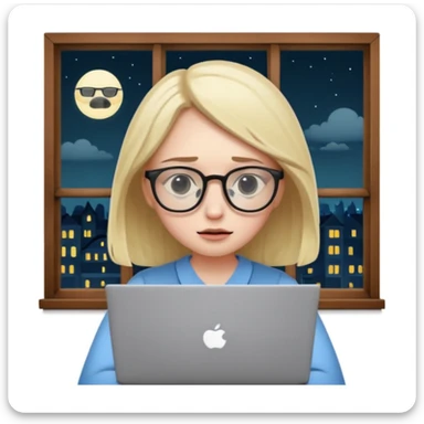tired student with laptop, dark circles under eyes, window at night behind sticker