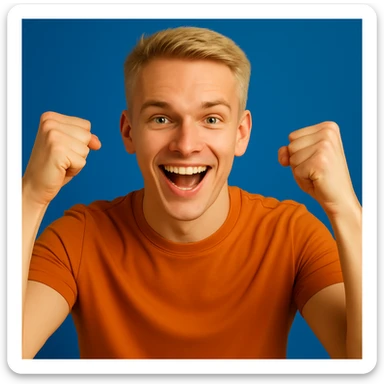 Add a blue background behind a young blond man with short hair, giving encouragement, maintaining the general style of the image. sticker