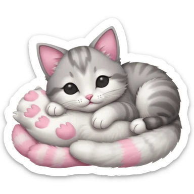 grey and white small cat with eyes closed lying down upside down with its head resting on its paw sticker
