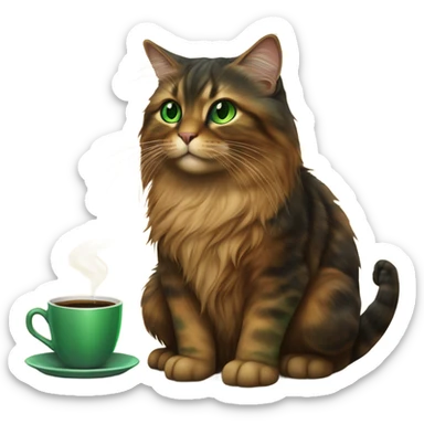 Long hair tortoise shell cat with green eyes drinking coffee sticker