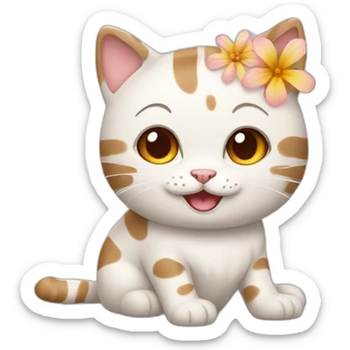 A while and cream cat with short wavy brown hair and spring flowers on its hair that laugh sticker