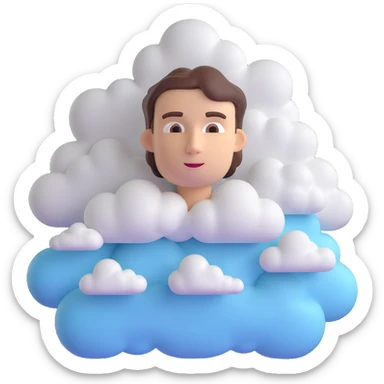 bright and recognizable person from shoulders, front view, composed of 3D clouds, clouds like in reference, no text sticker