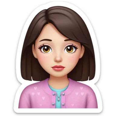 “Emoji brunette girl, dewy skin, heavy blush across cheeks and nose bridge, glossy cherry lips, soft eyeliner, teary sparkling eyes, pastel cardigan.” sticker