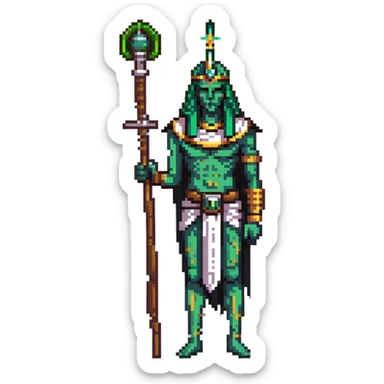 Egyptian god Osiris with green skin, mummified body, white Atef crown with feathers, holding crook and flail sticker