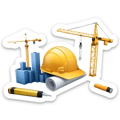 An icon featuring a blueprint, a hard hat, and a measuring tape, symbolizing architecture and construction. The design includes a building silhouette, cranes, and construction tools, representing the planning, design, and building processes. Transparent background. sticker