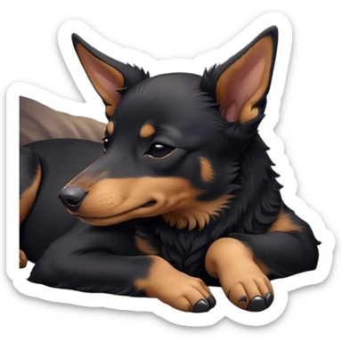 Meme-Worthy Cute Sleeping Black and Tan Kelpie Portrait Emoji, Head resting peacefully with a contented smile, showcasing a delightfully agile build and a luxuriously soft black and tan Fur, eyes shut in a serene nap, Simplified yet hilariously adorable features, highly detailed, glowing with a soft, drowsy light, high shine, relaxed and utterly lovable, stylized with an air of playful laziness, bright and heartwarming, soft glowing outline, capturing the essence of a comically sleepy herder, so meme-worthy it feels like it could instantly become the next viral sensation of adorable slumber! sticker