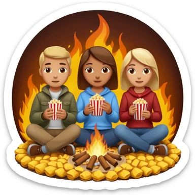 Born fire and people sitting beside born fire on chairs. Born fire is in the centre. People should be eating peanuts and popcorn. sticker